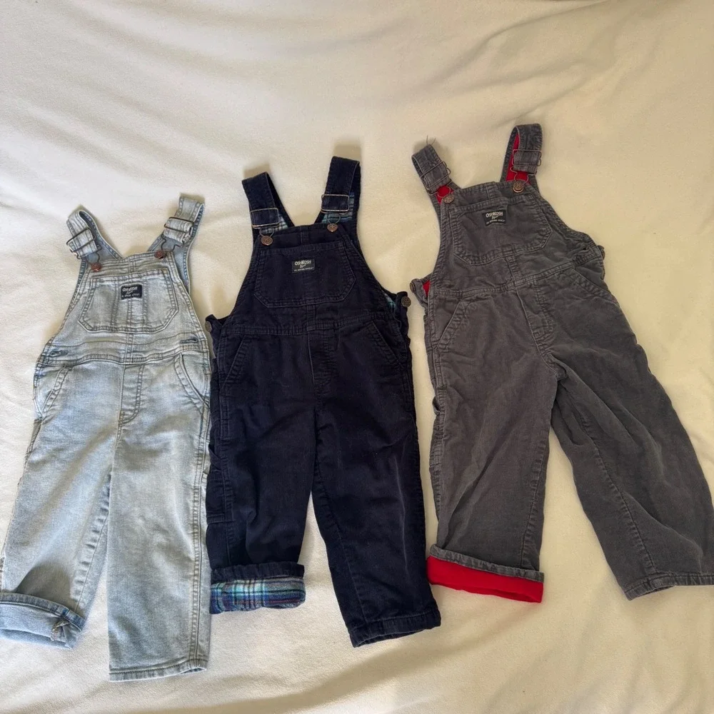 OshKosh Bgosh Toddler 2T Overalls plaid flannel lined Jeans Corduroy 3pc Lot